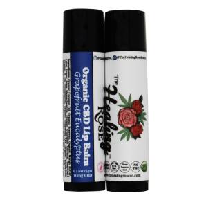 Grapefruit Eucalyptus Lip Balm (25mg CBD) by The Healing Rose. Comes in several yummy flavors.